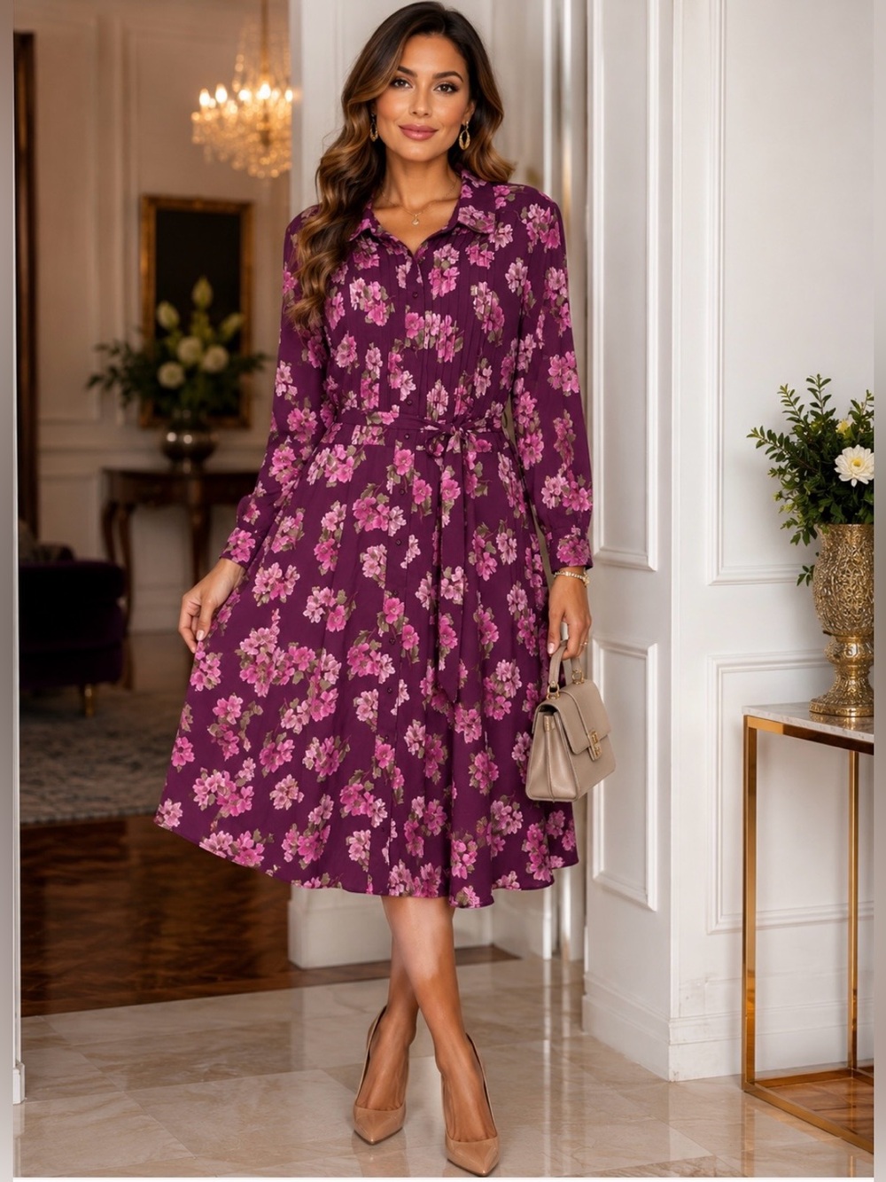 Nanette Lepore Plum Floral Tie-Waist Long-Sleeve Dress